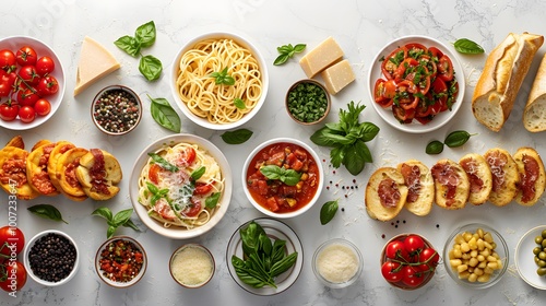 Wallpaper Mural Assorted Italian dishes with pasta, bread, and fresh ingredients on a white background. Italian cuisine and family meal concept. Flat lay with copy space for banners, restaurant menus, or food ads. Torontodigital.ca