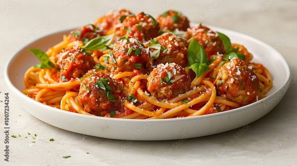Spaghetti with meatballs and basil in tomato sauce on a white plate. Italian cuisine concept. Flat lay with copy space for restaurant menus, banners, or food advertisements. Spaghetti with meatballs and basil in tomato sauce on a white plate. Italian cuisine concept. Flat lay with copy space for restaurant menus, banners, or food advertisements.