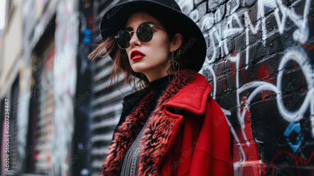 A young woman with dark hair and red lipstick poses against a graffiti covered wall. She is wearing a black hat, sunglasses, a red coat, and a silver necklace. A young woman with dark hair and red lipstick poses against a graffiti covered wall. She is wearing a black hat, sunglasses, a red coat, and a silver necklace.
