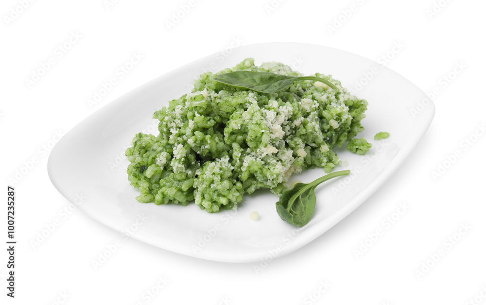 Delicious spinach risotto with parmesan cheese isolated on white Delicious spinach risotto with parmesan cheese isolated on white