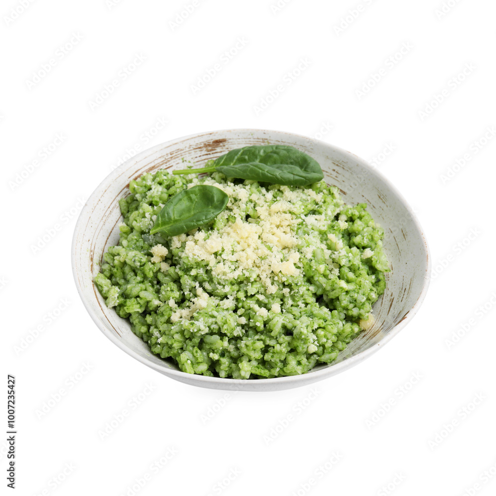 Tasty spinach risotto with parmesan cheese isolated on white Tasty spinach risotto with parmesan cheese isolated on white