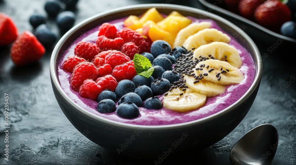 Exquisite smoothie bowl topped with a variety of fresh fruits and seeds on a dark background. Exquisite smoothie bowl topped with a variety of fresh fruits and seeds on a dark background.