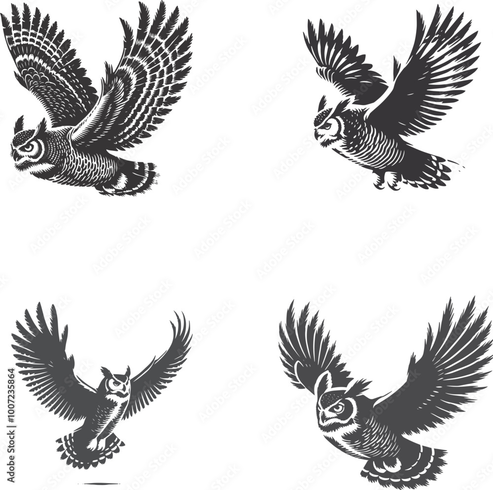 Obraz premium Great Horned Owl Flying Pose Silhouette | High-Quality Vector Illustration