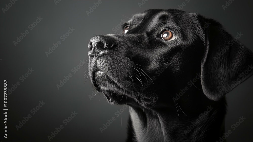 a black dog looking up with a dark background a black dog looking up with a dark background