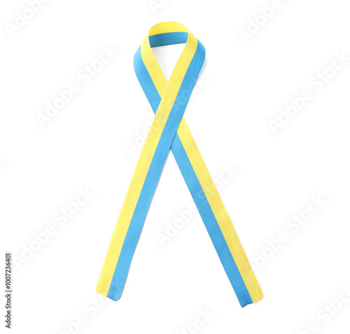 Ribbon in colors of Ukrainian national flag isolated on white, top view