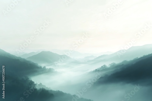 Serene misty mountains at dawn with layers of fog creating a dreamy landscape, perfect for nature, travel, and calm-themed visuals.