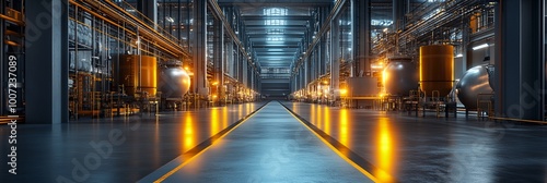 A large industrial building with a yellow floor