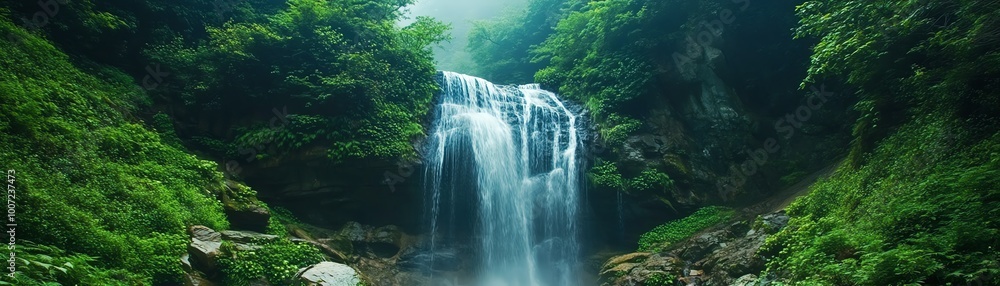 Lush greenery surrounds a majestic waterfall in a serene forest, highlighting the beauty of nature in its raw, unspoiled form. Lush greenery surrounds a majestic waterfall in a serene forest, highlighting the beauty of nature in its raw, unspoiled form.