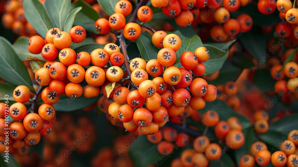 A close-up of ripe pyracantha berries on a branch in autumn A close-up of ripe pyracantha berries on a branch in autumn