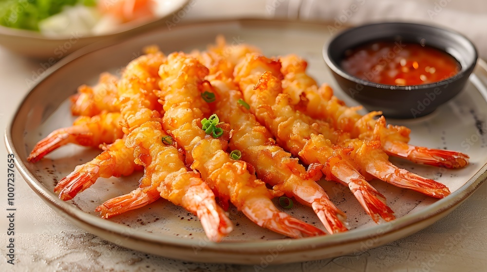 Crispy tempura shrimp with dipping sauce on a plate. Japanese seafood dish concept. Flat lay with copy space for restaurant menus, banners, or food advertisements. Crispy tempura shrimp with dipping sauce on a plate. Japanese seafood dish concept. Flat lay with copy space for restaurant menus, banners, or food advertisements.