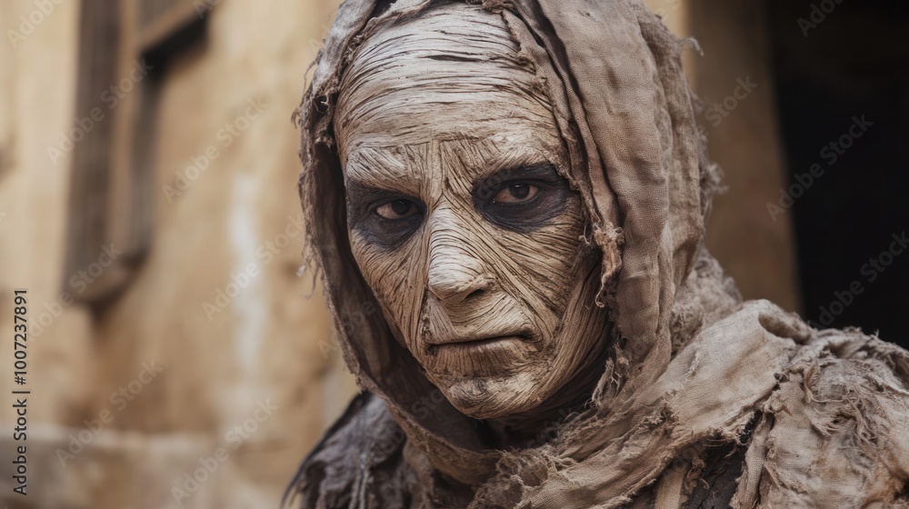 Close-up of a person with aged, weathered skin, dressed in a tattered cloth, looking directly at the viewer. Close-up of a person with aged, weathered skin, dressed in a tattered cloth, looking directly at the viewer.