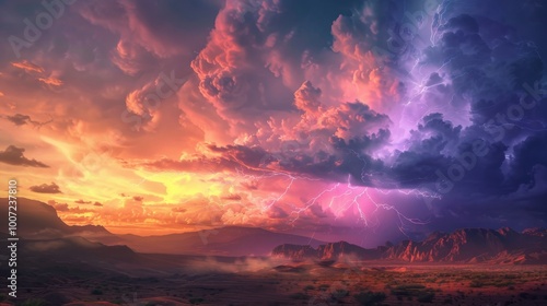 A dramatic sunset over a desert landscape with lightning striking through the clouds.