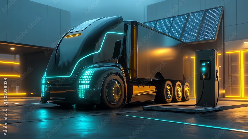 A futuristic electric truck charges at a charging station. The truck is sleek and modern, with glowing blue lights. A futuristic electric truck charges at a charging station. The truck is sleek and modern, with glowing blue lights.