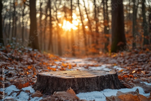 A large tree stump sits in the snow with leaves scattered around it, generative ai image