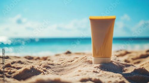 Sunscreen tube on a beach with blue sky and ocean in the background.