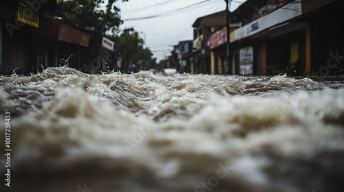 Flooded street with raging water, showcasing the power of nature and the impact of natural disasters in urban areas. photo