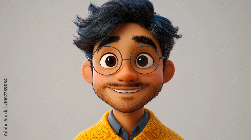 Smiling Indian Cartoon Character Man in Yellow Sweater 3D Style, Happy ...