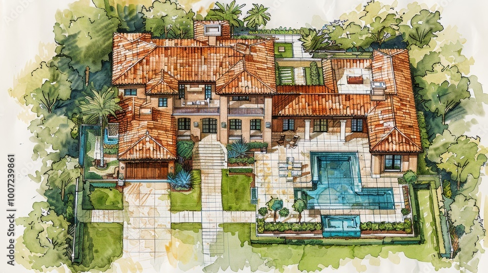 Naklejka premium Mediterranean Villa Design, aerial perspective highlighting sustainable architecture, vibrant colors, innovative features, artistic sketching details.