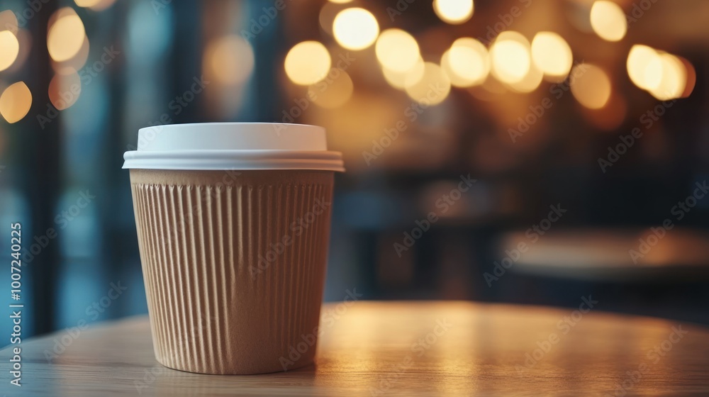 A close up of a brown paper coffee cup with a white lid on a wooden table. The background is blurred with warm lights.