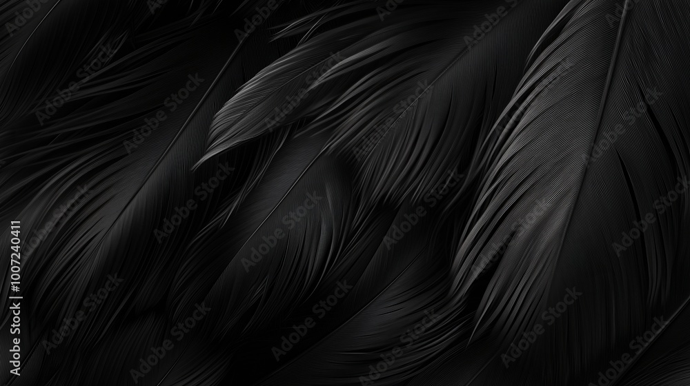 Black feathers, close-up. The dark background and solid color elements give the image a stylish and elegant look. Black feathers, close-up. The dark background and solid color elements give the image a stylish and elegant look.