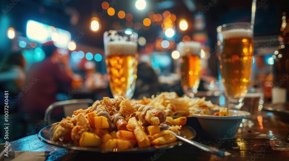Fototapeta premium a table at Oktoberfest laden with different types of sausages, fried potatoes, and sauerkraut, with beer mugs in the background