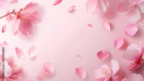 Soft pink flower petals and blossoms arranged around a pink background.