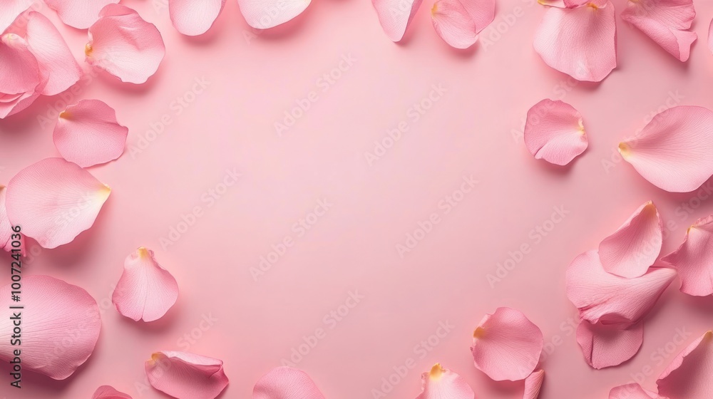 Pink rose petals arranged in a frame on a pink background with copy space. Pink rose petals arranged in a frame on a pink background with copy space.