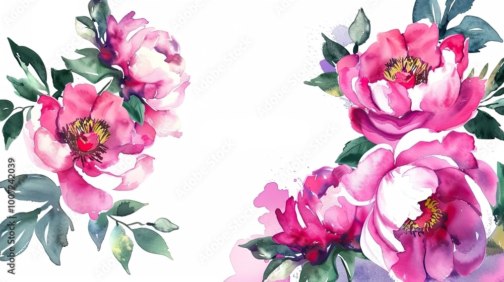 Beautiful pink peonies in watercolor style with delicate leaves on a white background for decorative purposes Beautiful pink peonies in watercolor style with delicate leaves on a white background for decorative purposes