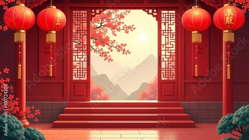 Chinese illustration. Stairs in asian new year or spring entry realistic greeting poster, red lanterns, curtains traditional festive china lunar calendar photo