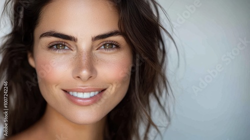 Woman Portrait of a smiling brunette woman showcasing beauty and skincare routine in a clean, close-up shot