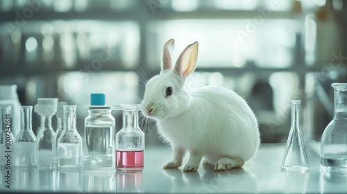 White rabbit sitting on a table with beakers and test tubes in a lab setting.