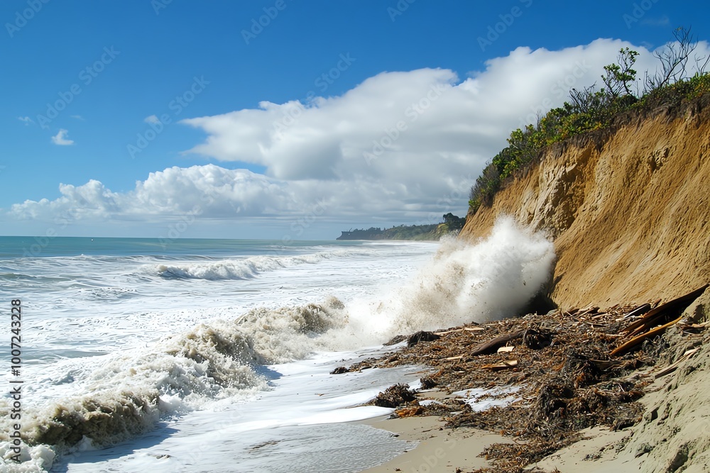 Fototapeta premium Dramatic coastal cliff with powerful ocean waves crashing against the shore, under a partly cloudy sky, showcasing nature's raw beauty.