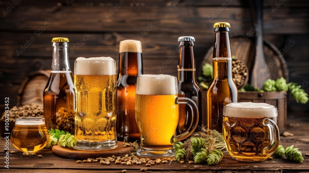 Variety of beer glasses and bottles on a wooden table with hops and barley, no people. Variety of beer glasses and bottles on a wooden table with hops and barley, no people.
