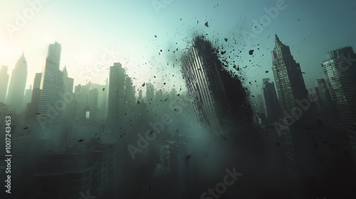 Dramatic image of a collapsing skyscraper in a cityscape, symbolizing destruction and chaos. Dark atmosphere and scattered debris. photo