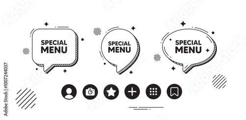 Special menu tag. Speech bubble offer icons. Kitchen food offer. Restaurant menu. Special menu chat text box. Social media icons. Speech bubble text balloon. Vector