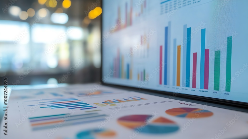 Close-up of business analytics charts and graphs on a laptop screen and printed papers in a modern office setting. Close-up of business analytics charts and graphs on a laptop screen and printed papers in a modern office setting.