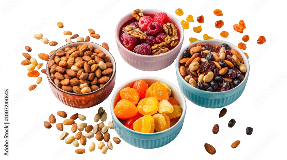 Candied fruit and nuts in decorative bowls on white background Candied fruit and nuts in decorative bowls on white background