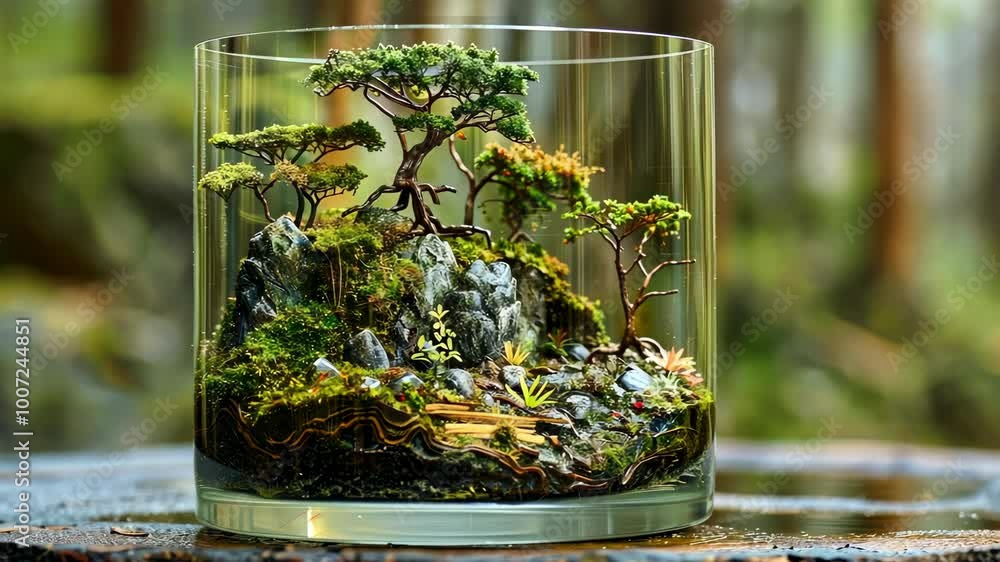 A miniature forest scene is captured in a glass jar, showcasing tiny trees and moss growing on a rocky landscape A miniature forest scene is captured in a glass jar, showcasing tiny trees and moss growing on a rocky landscape