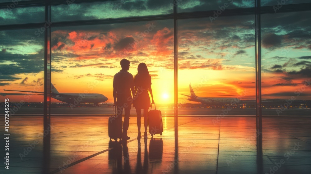 Silhouettes of a couple holding hands at the airport, with a stunning sunset and airplanes in the background. Silhouettes of a couple holding hands at the airport, with a stunning sunset and airplanes in the background.