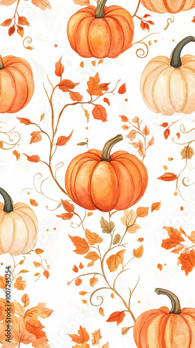 An enchanting autumn pattern showcasing elegant white pumpkins, vibrant orange berries, and colorful fall leaves.