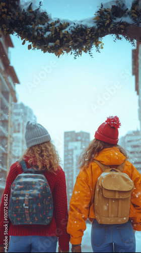Obraz na płótnie two women lgtbq holding hands with backpack affectionately while walking in the city during the winter snow season w salonie