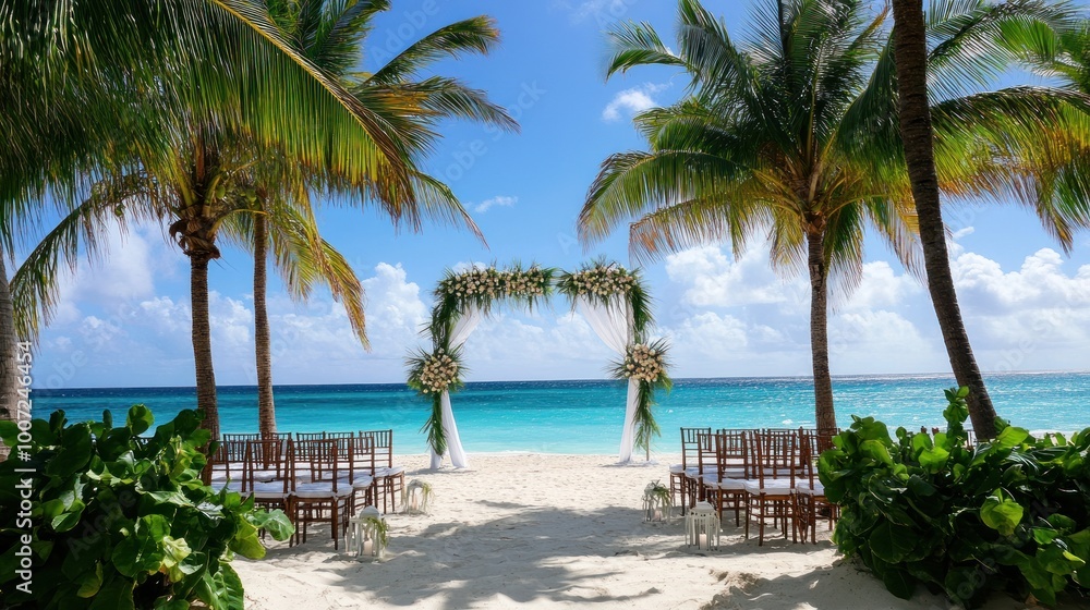 Naklejka premium Wedding ceremony setup on a tropical beach with white floral archway and palm trees.