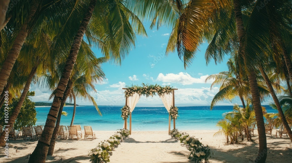 Fototapeta premium Floral wedding archway on a tropical beach with palm trees.