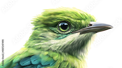 An illustration featuring a close-up of a green Picidae bird set against a clean white background with detailed face and sharp eyes, symbolizing focus and observation. photo