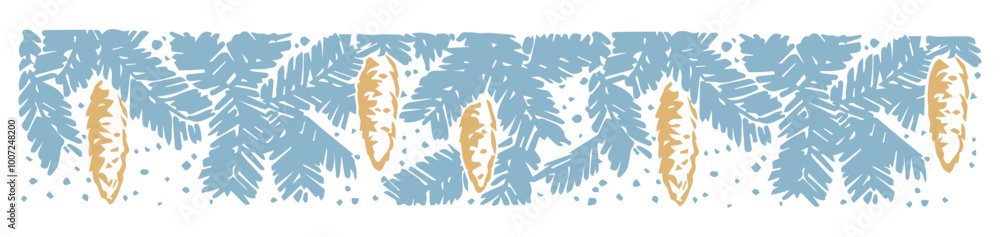 Fototapeta premium Golden cones on a blue spruce branch. Christmas banner. Vector festive new year illustration.
