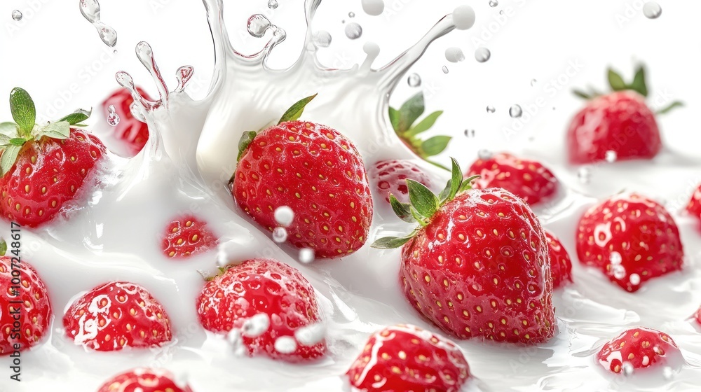 Fresh strawberries submerged in a splash of white liquid. Fresh strawberries submerged in a splash of white liquid.