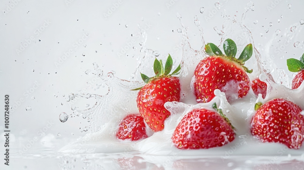 Fresh red strawberries splashing into a pool of creamy white liquid. Fresh red strawberries splashing into a pool of creamy white liquid.