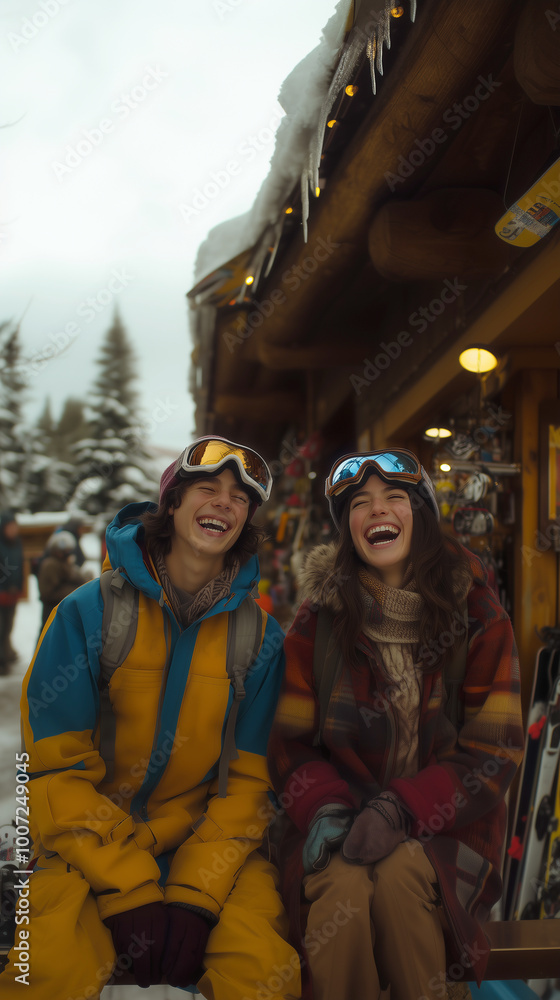 a boy and a girl in winter attire enjoying the snow at a ski resort, laughing during the winter sports season while promoting sustainable tourism in nature