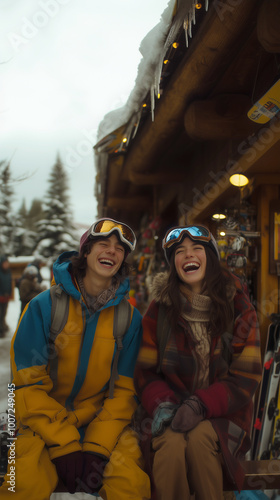 Obraz na płótnie a boy and a girl in winter attire enjoying the snow at a ski resort, laughing during the winter sports season while promoting sustainable tourism in nature w salonie