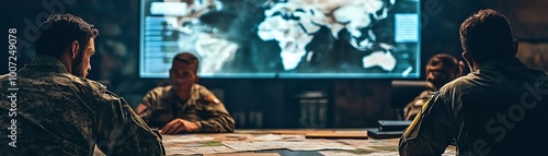 Team of military personnel strategizing in a command center with a world map displayed in the background.